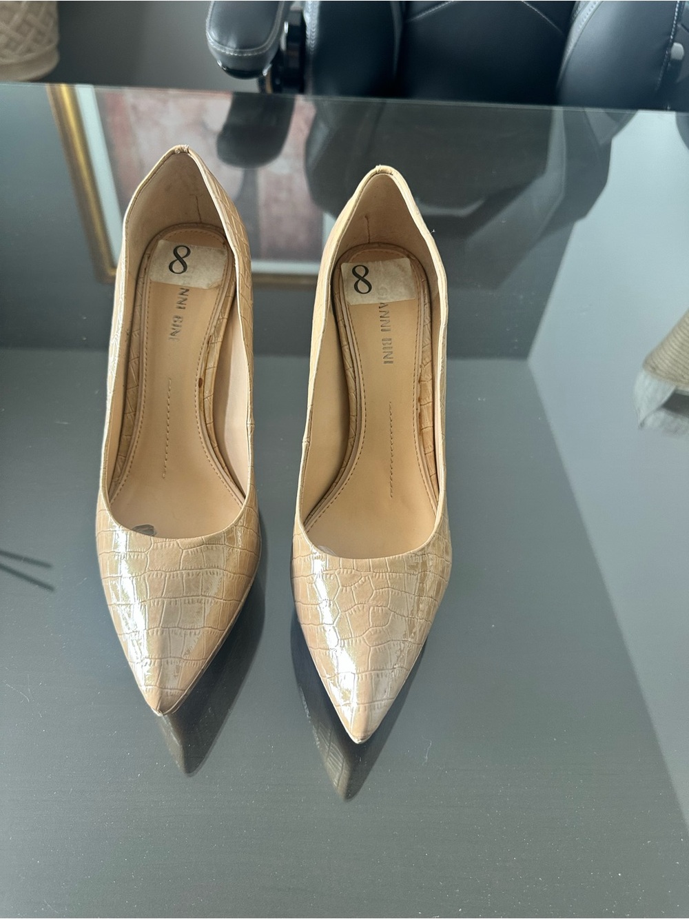 Gianni Bini Beige Croc-Embossed Pointed-Toe Pumps
